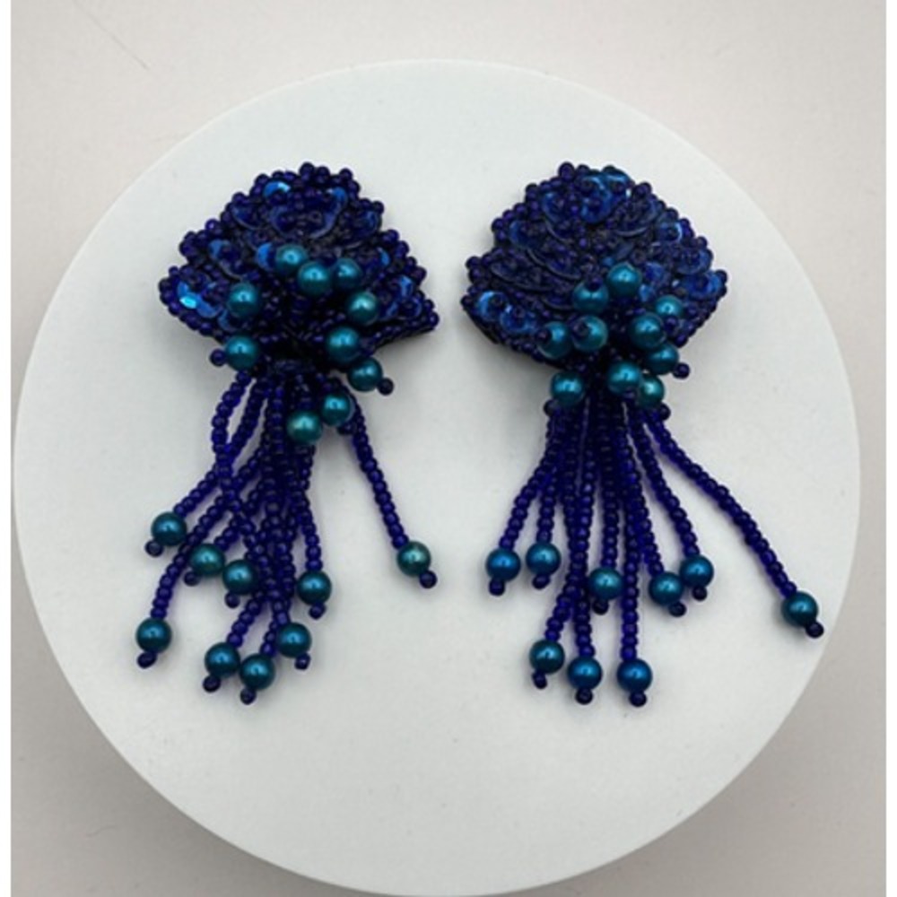 Vintage 90s Teal Blue Beaded Sequin Fringe Dangle Earrings Women's Jewelry